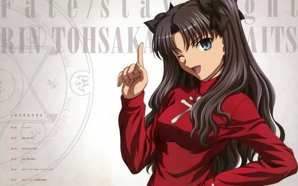 5K Ultra HD PC wallpaper of Rin Tohsaka from Fate/Stay Night, smiling and pointing with long dark hair and a red top against a pale background with faint magic-circle motifs.