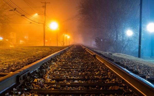 Man Made Railroad Night Light Fog HD Wallpaper | Background Image