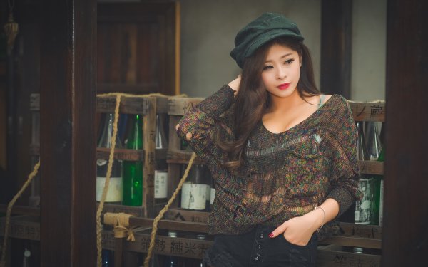 Women Asian Model Brunette Brown Eyes Lipstick Cap HD Wallpaper | Background Image