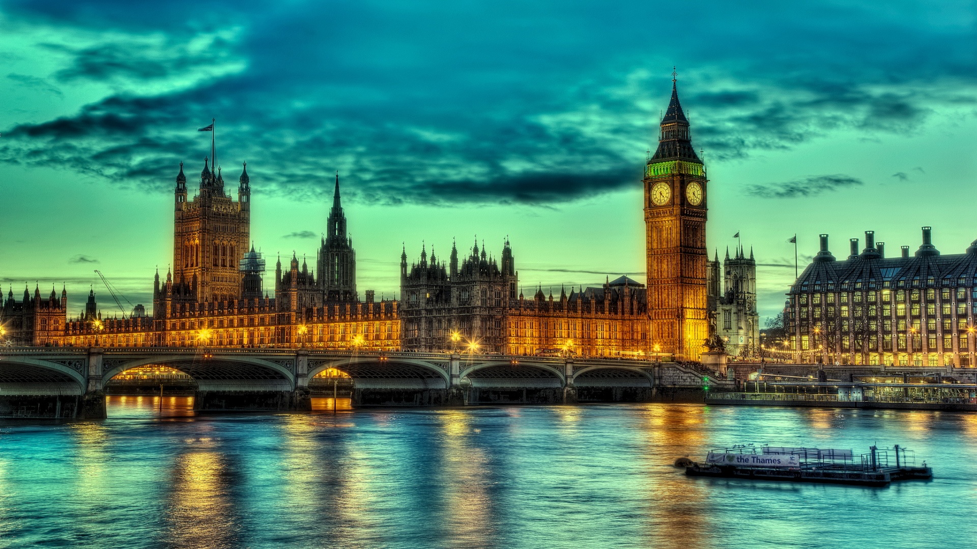 Download HDR Bridge Big Ben Light Dusk Cloud City Man Made London HD