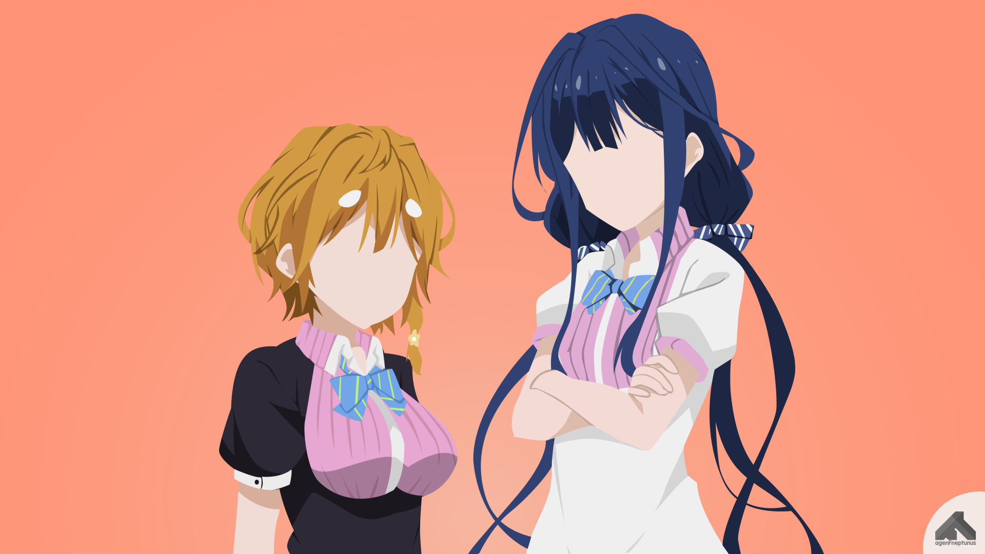 Minimalist 4K Ultra HD anime wallpaper featuring faceless Yoshino Koiwai and Aki Adagaki from Masamune-kun's Revenge, both wearing bows against a peach background.