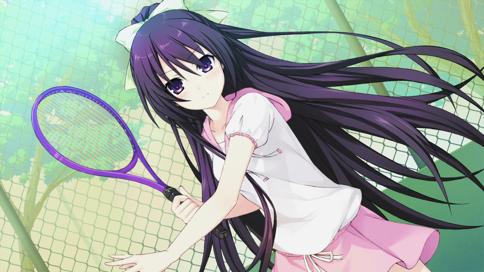 HD PC desktop wallpaper featuring Tohka Yatogami from the anime Date A Live, holding a tennis racket with her long dark hair flowing against a green outdoor background.