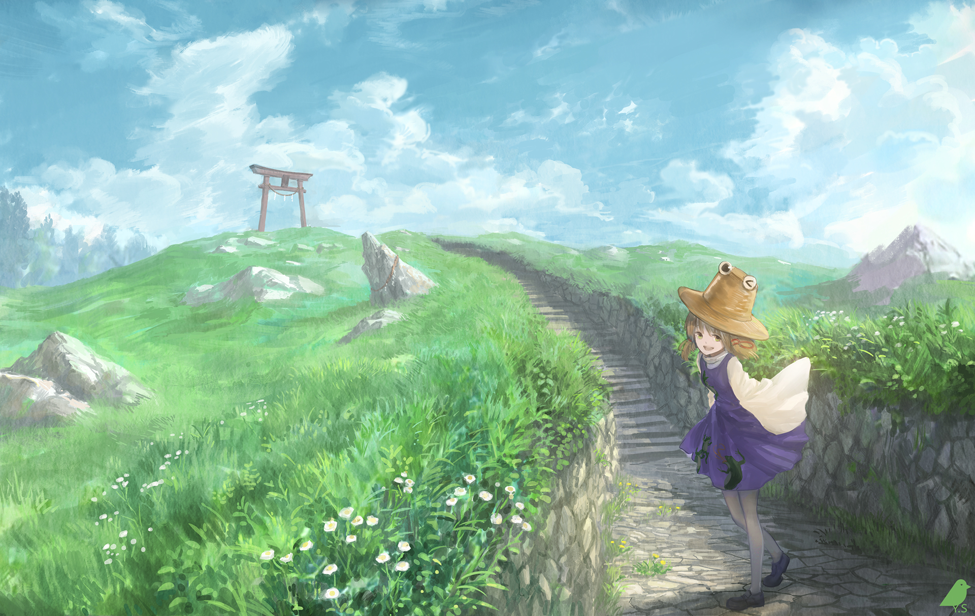 HD PC desktop wallpaper featuring Suwako Moriya from Touhou, standing on a stone path through a vibrant green hillside under a bright blue sky with scattered clouds.