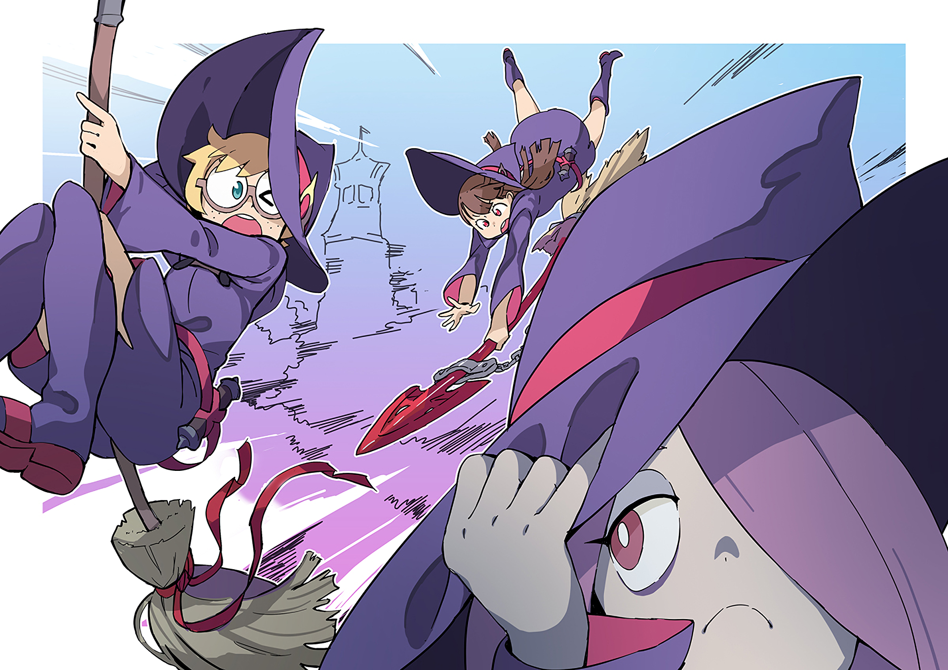 HD PC desktop wallpaper featuring Atsuko Kagari, Lotte Yanson, and Sucy Manbavaran from the anime Little Witch Academia in dynamic flying poses.