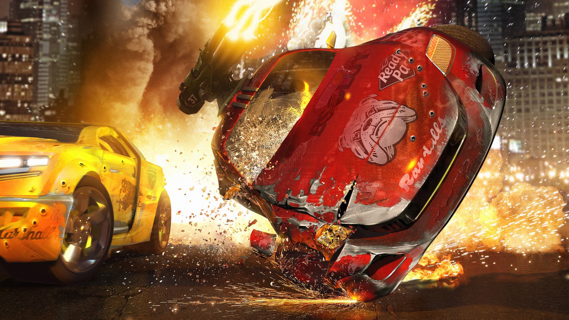 HD PC desktop wallpaper depicting an intense video game scene with a red car flipping amid explosions and a yellow car in a city setting.