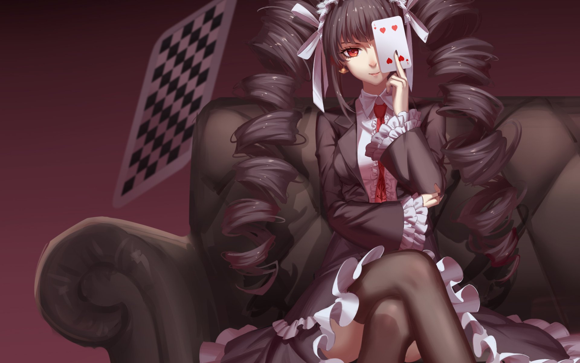 HD PC desktop wallpaper featuring Celestia Ludenberg from the anime Danganronpa, depicted with playing cards and her signature gothic lolita outfit.