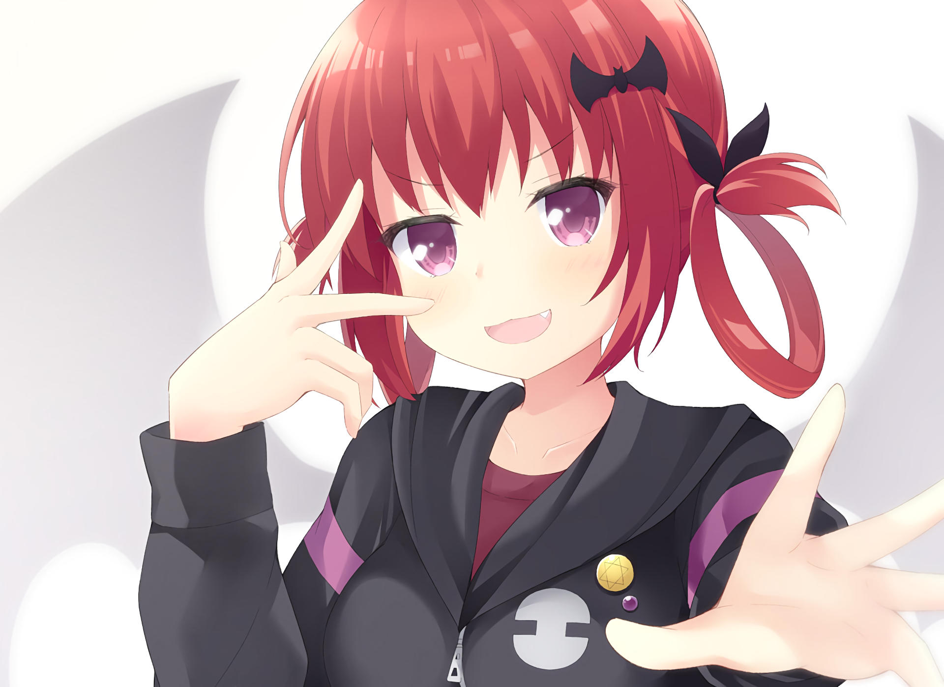 HD anime desktop wallpaper featuring Satanichia Kurumizawa McDowell from Gabriel DropOut with red hair, purple eyes, and a playful expression.