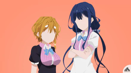 Minimalist 4K Ultra HD anime wallpaper featuring faceless Yoshino Koiwai and Aki Adagaki from Masamune-kun's Revenge, both wearing bows against a peach background.