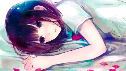 HD wallpaper featuring Hanabi Yasuraoka from the anime Kuzu no Honkai, shows her lying down with a contemplative expression amid softly colored surroundings and scattered petals.