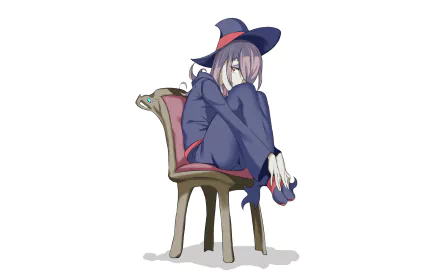 HD desktop wallpaper featuring Sucy Manbavaran from the anime Little Witch Academia, sitting on a chair with a pensive expression against a white background.