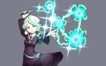 HD anime desktop wallpaper featuring Diana Cavendish from Little Witch Academia casting glowing blue magic spells.
