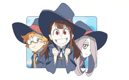 HD anime wallpaper featuring Lotte Yanson, Sucy Manbavaran, and Atsuko Kagari from Little Witch Academia against a clear sky background.
