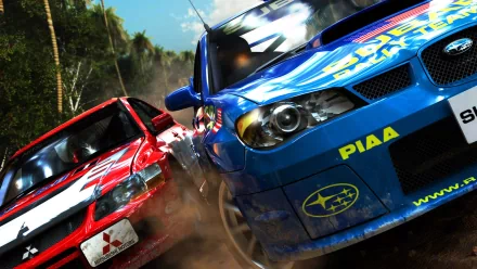 HD desktop wallpaper featuring two rallye vehicles racing closely on a dirt road, showcasing dynamic motion and intense competition.