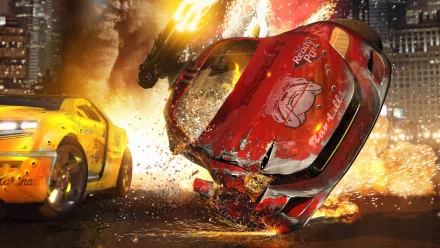 HD PC desktop wallpaper depicting an intense video game scene with a red car flipping amid explosions and a yellow car in a city setting.