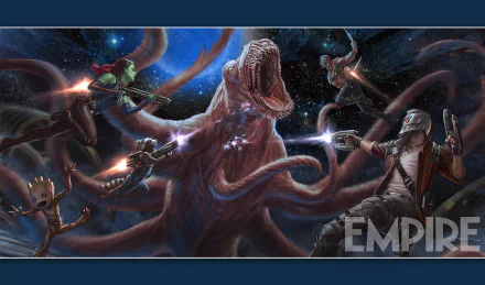 HD PC desktop wallpaper background from the movie Guardians of the Galaxy Vol. 2: Star-Lord, Gamora, Drax, Rocket and Groot battling a giant tentacled space creature.