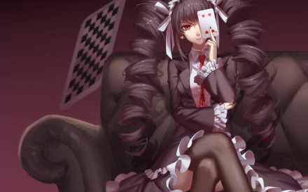 HD PC desktop wallpaper featuring Celestia Ludenberg from the anime Danganronpa, depicted with playing cards and her signature gothic lolita outfit.