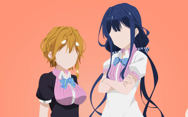 Minimalist 4K Ultra HD anime wallpaper featuring faceless Yoshino Koiwai and Aki Adagaki from Masamune-kun's Revenge, both wearing bows against a peach background.