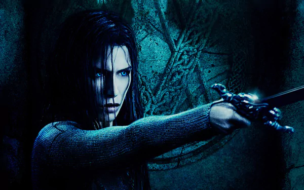 HD desktop wallpaper featuring a dark, intense scene from the movie Underworld: Rise of the Lycans, with a focused character holding a sword against a textured background.