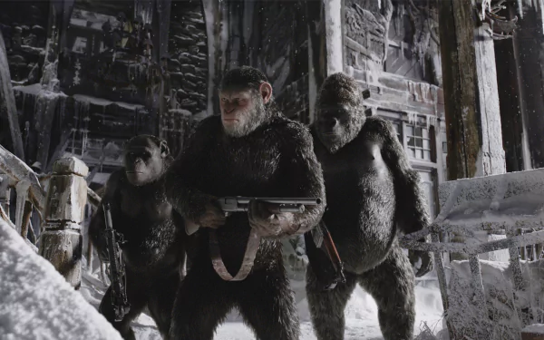 HD desktop wallpaper featuring apes from the movie War For The Planet Of The Apes, standing in a snowy, post-apocalyptic setting, holding weapons and preparing for action.