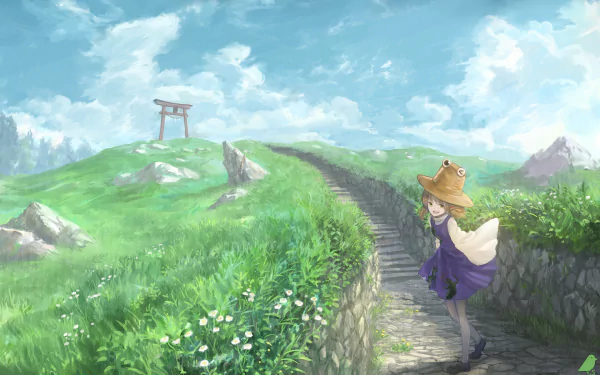 HD PC desktop wallpaper featuring Suwako Moriya from Touhou, standing on a stone path through a vibrant green hillside under a bright blue sky with scattered clouds.
