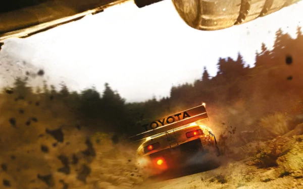 HD desktop wallpaper featuring a rallye vehicle kicking up dirt on a rugged off-road track, capturing dynamic motion and intense racing action.
