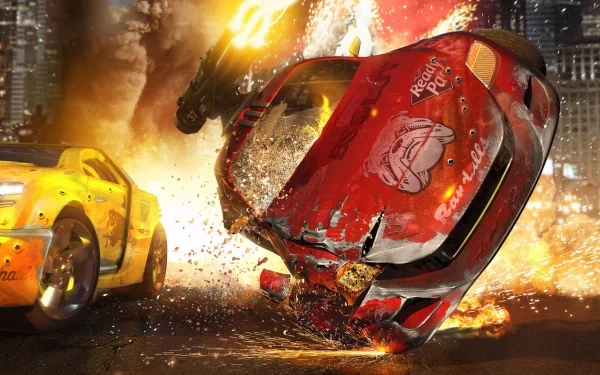 HD PC desktop wallpaper depicting an intense video game scene with a red car flipping amid explosions and a yellow car in a city setting.