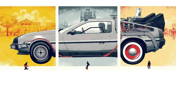HD PC desktop wallpaper featuring a stylized, segmented side view of the iconic DeLorean time machine from the movie Back to the Future against a vibrant background.