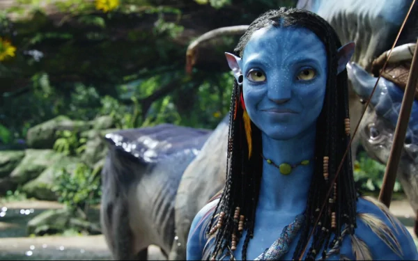 Neytiri from Avatar smiles with yellow eyes and long black hair; she wears a necklace and holds a bow. The HD wallpaper showcases a lush nature background with another creature visible.