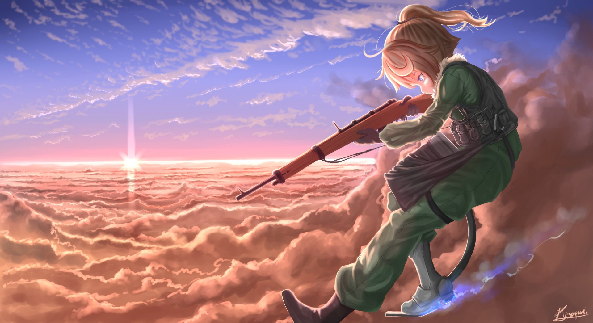 HD desktop wallpaper of Tanya Degurechaff from the anime Youjo Senki, featuring her with a rifle, soaring above clouds with the sun rising in the background.