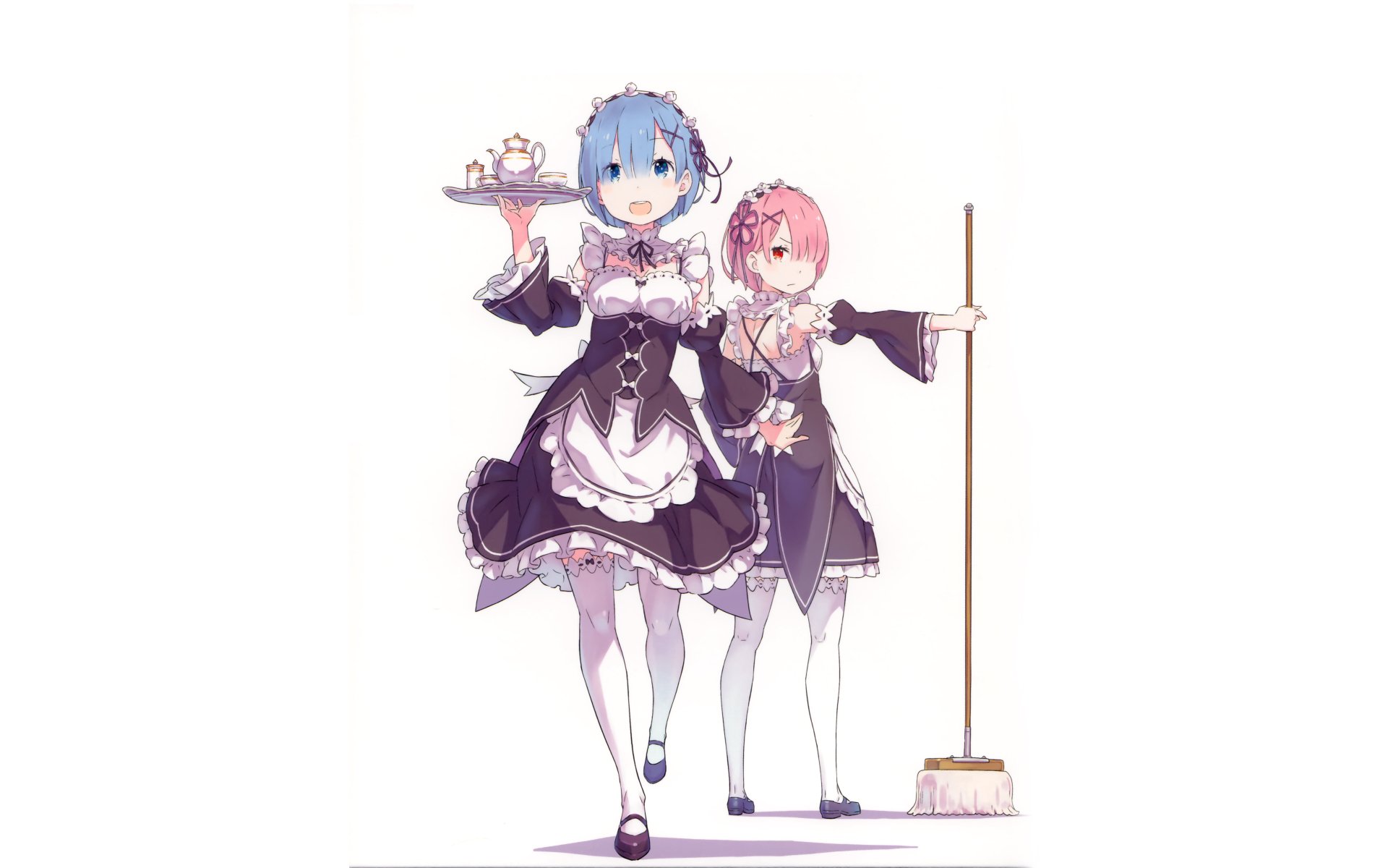4K Ultra HD PC wallpaper featuring Ram and Rem from the anime Re:Zero - Starting Life in Another World, depicted in their black and white maid outfits.