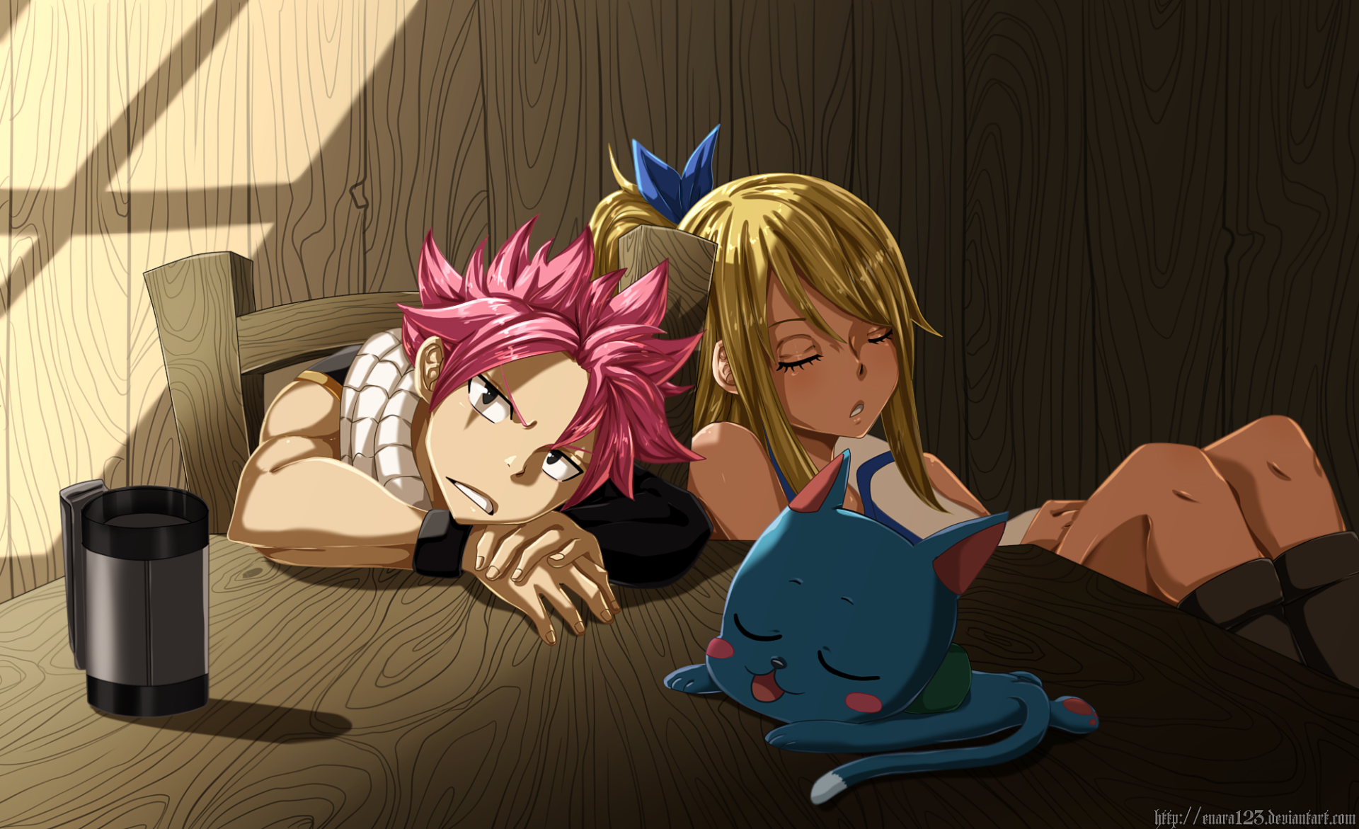 HD desktop wallpaper from Anime Fairy Tail featuring characters Natsu, Lucy, and Happy resting together on a wooden table, in a warmly lit room.