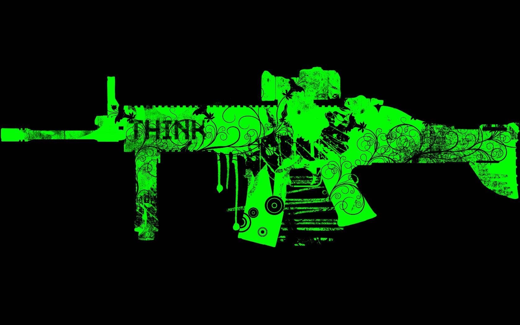 A striking HD desktop wallpaper featuring a creatively artistic depiction of a military rifle in vibrant green against a solid black background.