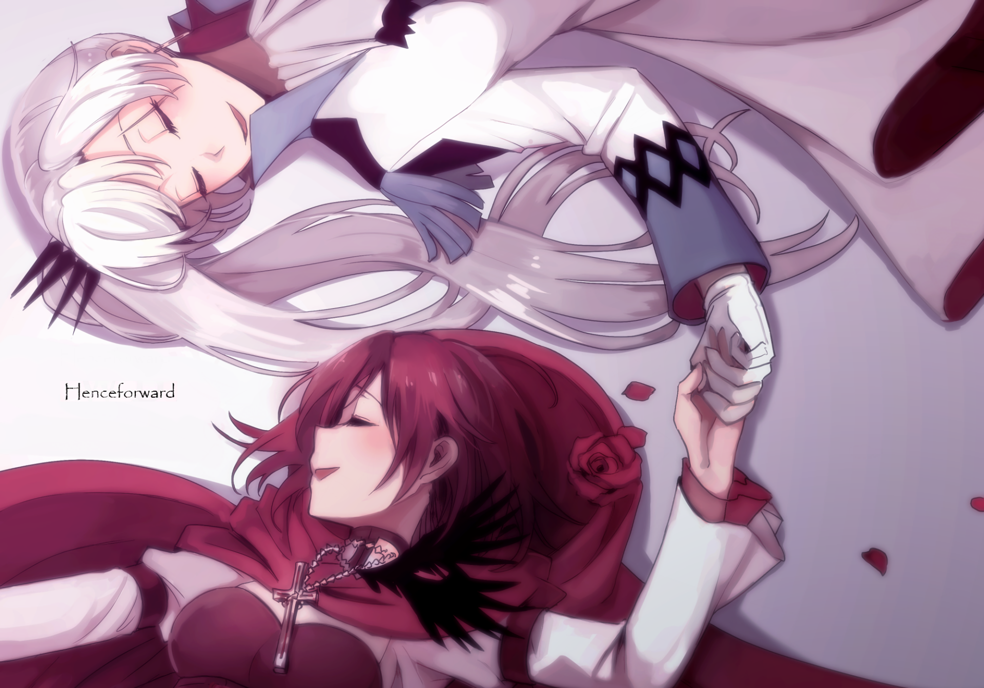 HD PC wallpaper of Ruby Rose and Weiss Schnee from the anime RWBY, featuring the two characters lying down holding hands with soft, serene expressions.