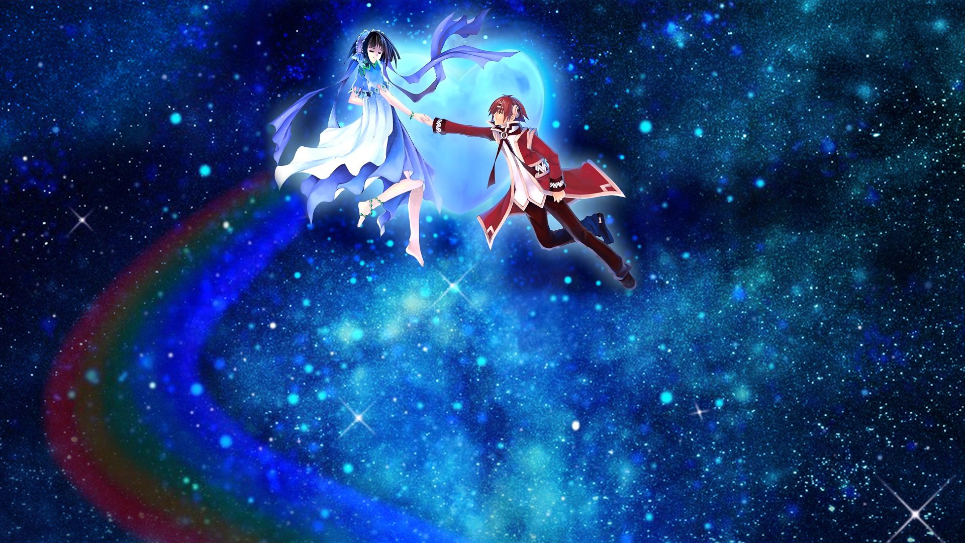 HD PC desktop wallpaper of Prince and Mist from the video game Other Age: Second Encounter, floating hand-in-hand over a glittering starfield with a rainbow arc.