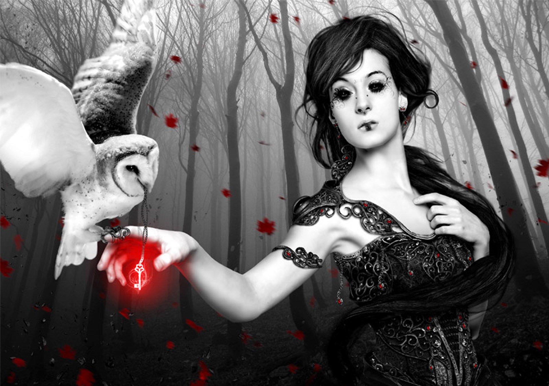 A dark HD desktop wallpaper featuring a woman in intricate attire, holding a glowing pendant, with an owl nearby, set against a moody forest backdrop.