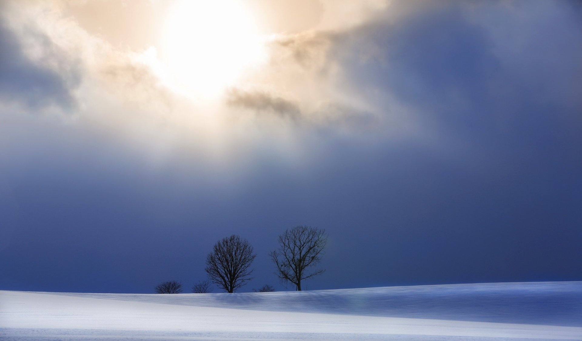 HD PC desktop wallpaper: sunbeam piercing clouds over a snowy winter field with two bare trees.