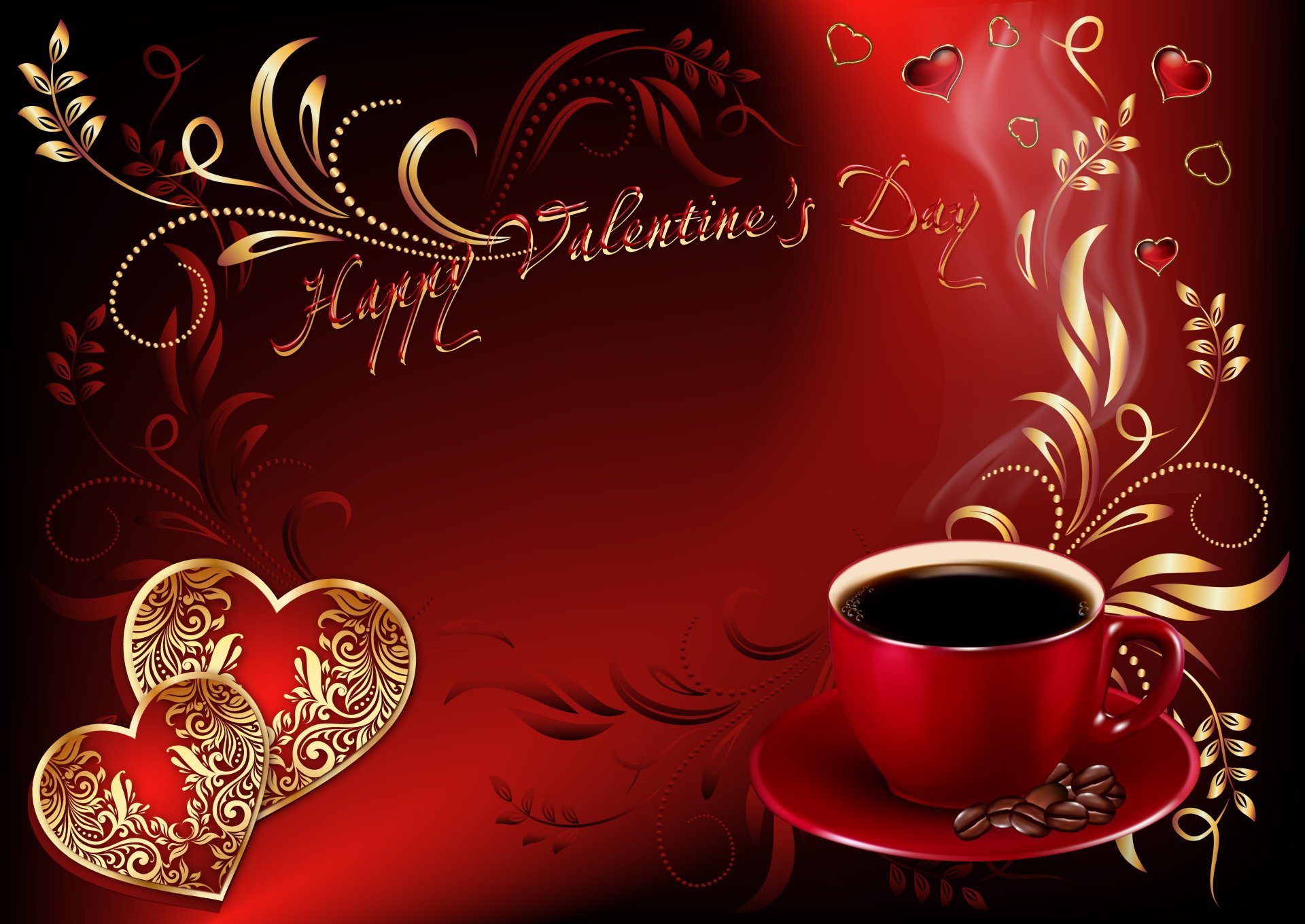 A vibrant 4K Ultra HD Valentine's Day desktop wallpaper featuring a red coffee cup, heart-shaped designs, and elegant gold swirls on a rich red background.