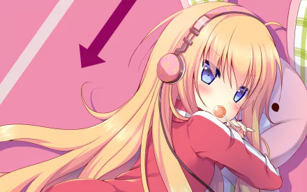 HD wallpaper featuring Gabriel Tenma White from the anime Gabriel DropOut, showcasing her with long blonde hair, blue eyes, and wearing pink headphones in a vibrant, colorful background.