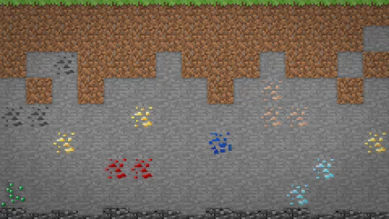 HD desktop wallpaper featuring pixel art of various ores from the video game Minecraft, showcasing a cross-section of blocks with different types of ores embedded in stone.