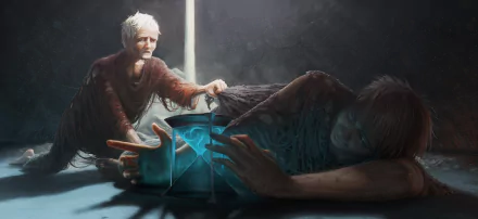A fantasy HD desktop wallpaper depicting two men interacting with a glowing magical hourglass, one awake and one lying down in a dark, mysterious setting.