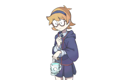 Lotte Yanson from Little Witch Academia — anime HD PC desktop wallpaper: shy school witch in navy cloak and glasses holding a teacup-shaped bag on a white background.