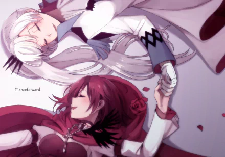 HD PC wallpaper of Ruby Rose and Weiss Schnee from the anime RWBY, featuring the two characters lying down holding hands with soft, serene expressions.