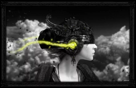 Artistic HD PC desktop wallpaper featuring a human figure in profile, wearing an ornate helmet with glowing yellow accents against a cloudy black-and-white background.