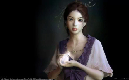A high-definition fantasy wallpaper featuring a serene woman holding a glowing light. The image combines elements of flight and fantasy, making it an enchanting visual for desktop backgrounds.
