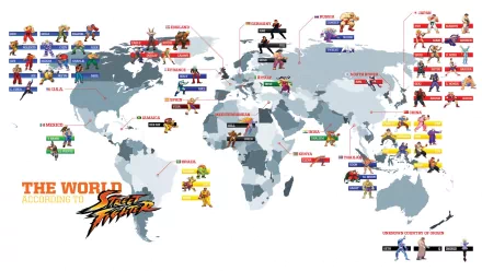 A detailed HD map featuring characters from the Street Fighter video game series, highlighting various locations around the world associated with each character.