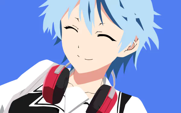 HD desktop wallpaper featuring Fuuka Akitsuki from the anime Fuuka, showcasing her with blue hair, a smile, and red headphones against a blue background.