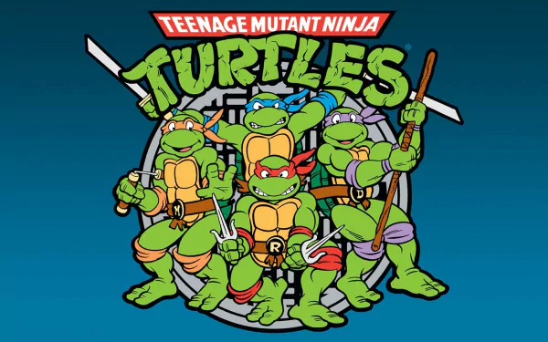 HD PC desktop wallpaper featuring the Teenage Mutant Ninja Turtles—Michelangelo, Leonardo, Donatello, and Raphael—in comic style with the classic TMNT logo.