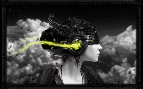 Artistic HD PC desktop wallpaper featuring a human figure in profile, wearing an ornate helmet with glowing yellow accents against a cloudy black-and-white background.