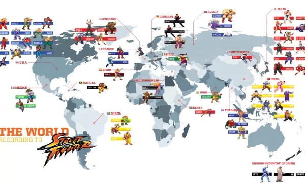 A detailed HD map featuring characters from the Street Fighter video game series, highlighting various locations around the world associated with each character.