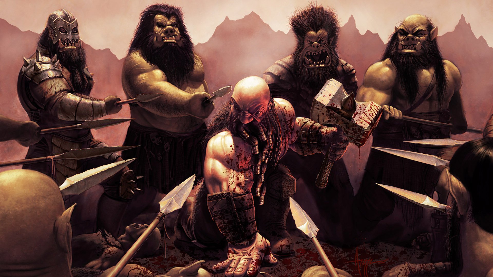 HD PC desktop wallpaper featuring a World of Warcraft scene with a defeated warrior surrounded by intimidating orc-like creatures in a rugged, mountainous landscape.